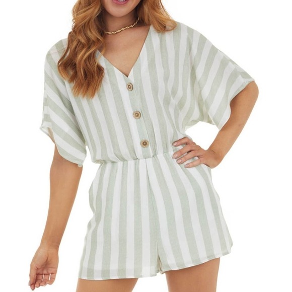 Le Lis Pants - Le Lis Light green and white striped Dolman sleeve drippy romper size S NWT